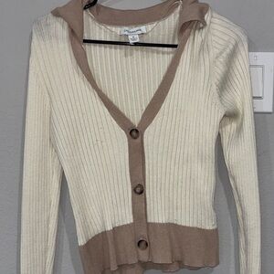 Ribbed Two-Tone Button-Front Cardigan in Cream and Taupe
